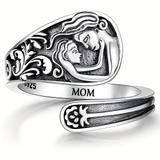 925 Sterling Silver Spoon Ring Mother And Daughter Love Symbol Engraved Adjustable Finger Ring Daily Matching Clothing Jewelry Mother's Day Holiday Ornament With Gift Box