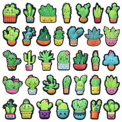 35pcs Cute Cactus Cartoon Shoe Charms For Clogs Sandal Decoration, Diy Accessories