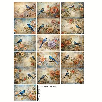 TEMU 16pcs A5 Size Retro Newspaper Bird Flower Music Word Background Material Decoration Diy Retro Diary Garbage Diary Greeting Card Planner Background Card Mat