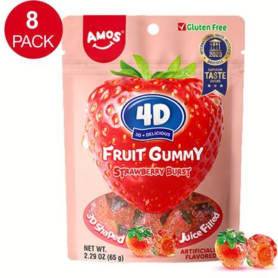 Amos, 8packs 4d Fruit Gummy Strawberry Burst, Fruity Snacks Jelly Filled, Strawberry Flavor, Soft And Chewy, Gluten Free 2.29oz/pack
