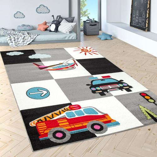 Kinderteppich Spielteppich Polizei Feuerwehr Flugzeug Karo Creme Grau Schwarz 160x220 cm - Paco Home