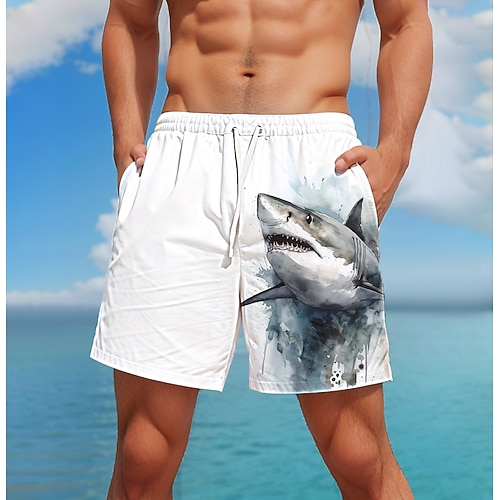 Herren Tiermotiv Hai Badehosen Badeshorts Boardshorts Mittlere Taille Mode Streetwear Hawaiianisch Lässig Täglich Ferien Tasche Kordelzug Elastischer Bund Designer Bekleidung Image