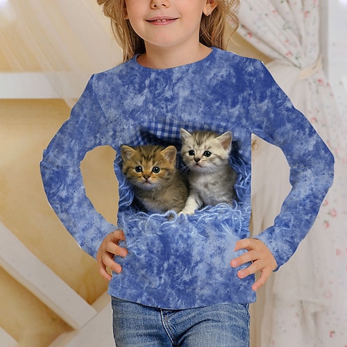 Kinder Katze 3D-Druck T-Shirt T-Shirt Langarm blau grau Tierdruck Schule Alltag aktiv 4-12 Jahre / Herbst Image