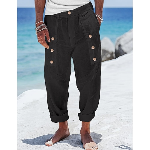 Herren Leinenhosen Hose Sommerhose Knöpfe Fronttasche Falten Einfach Komfort Atmungsaktiv Volle Länge Lässig Täglich Ferien Mode Basic Lässiger Schnitt Schwarz Weiß Image
