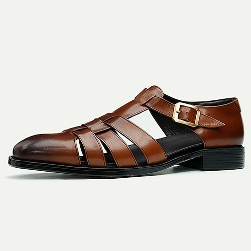 Braune Sandalen aus hochwertigem Rindsleder für Herren – offener Gladiator-Stil mit Schnallenverschluss, bequeme und atmungsaktive Freizeitschuhe für den Sommer Image