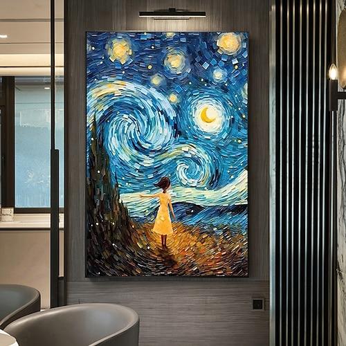 Sternennacht handgemalte Wandkunst Van Gogh Kunst handgemachte Sternennacht Landschaft Vintage Ölgemälde Wald Wandkunst für Zuhause ohne Rahmen