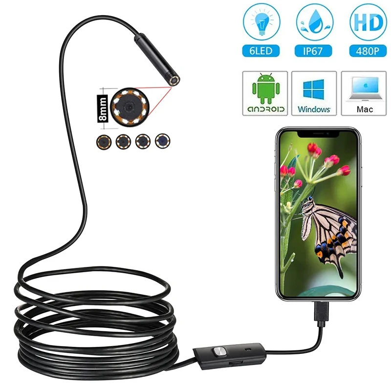Industrielle Endoskopkamera, 7 mm, IP67, wasserdicht, Inspektionsendoskop, 6 LEDs, verstellbar, für Android-Telefone, Kanalisation, Auto, PC, USB Typ C Image