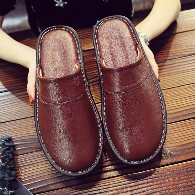 Frühling Herbst Indoor Schuhe männer Frau Hausschuhe Plus Größe 35 46, Mann Prägnante braun Einfache Leder Hause Hausschuhe für Männer