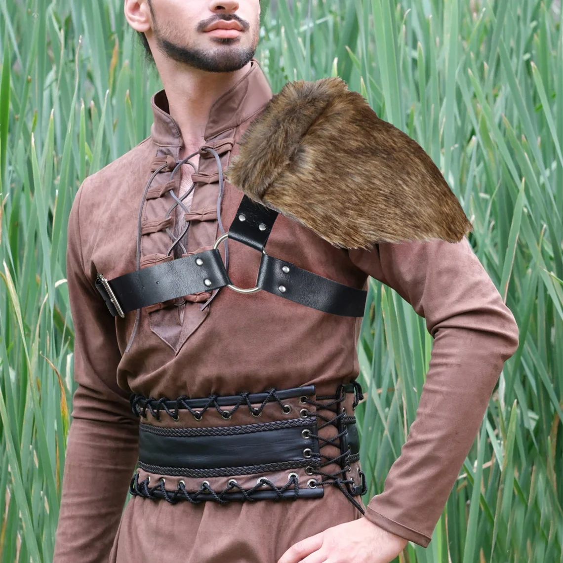 UYEE Mann mittelalterliche Wikinger Pelz Wrap drapieren Schal Barbar Schulter Gugel Mantel mit Brust Gürtel Pelz Capelet für Wikinger Image