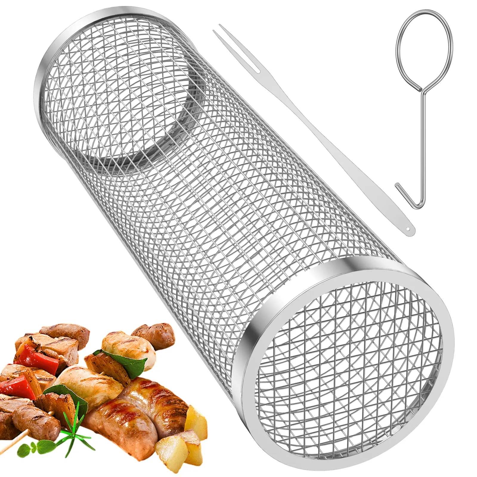 Grill korb Edelstahl rollender Grill korb Draht geflecht Zylinder Grill korb tragbare runde Outdoor-Camping-Grill korb Image