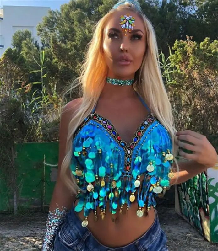 Regenbogen Pailletten Quaste Meerjungfrau Festival Körper BH Festival Kleidung Rave Crop Tops Image