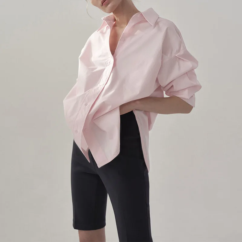 100% Baumwolle Frauen hemden lässig umdrehen Kragen Langarm Tops schicke elegante rosa Bluse Blusa Feminina