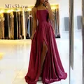 Misshow-Robe de Soirée Maxi en Satin pour Femme Tenue Sexy Dos aux Bretelles Spaghetti Fente