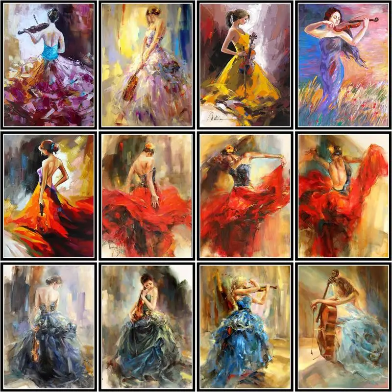 Gatyzory – peinture par nombres de femme avec violon, dessin sur toile, image peinte à la main, cadeau d'art, bricolage d'images par numéros, Kits de décoration de maison