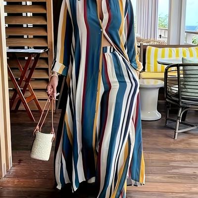 TEMU Plus Size Fashionable Outfits Set, Women's Plus Striped Long Sleeve Button Up Shirt & Wide Leg Pants Outfits 2 Piece Set Image