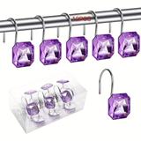 12pcs Purple Acrylic Rhinestone Shower Curtain Hooks, Decorative Diamond Shower Curtain Rings, Stainless Steel Durable Bath Curtain Hooks, Bathroom Decor