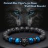 1pc Wolf Head Men's Bracelet, Tiger's Eye Volcanic Rock Handmade Bracelet