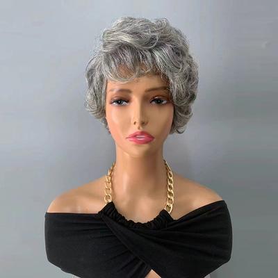 Human Hair Grey Pixie Short Cut Wig 100% Human Hair Glueless Wigs Natural Wave Wigs With Bangs Color #51 Full Machine Made Wigs