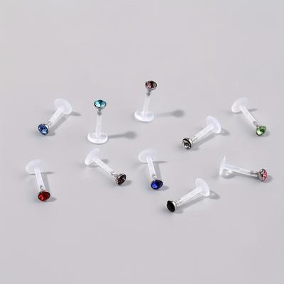 10pcs Acrylic Transparent Invisible Lip Nail Stud Ring Body Piercing Jewelry Inlaid Shiny Colorful Rhinestone