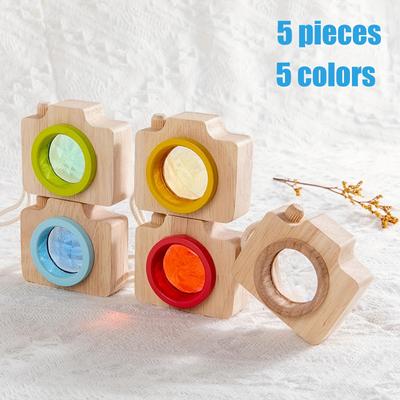 5pcs Mini Wooden Funny Cartoon Camera Kaleidoscope, Rainbow Color Camera Miniature, Outdoor Exploration Toy