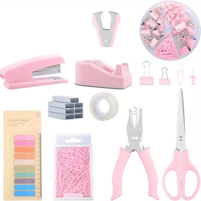 10-piece Pink Desk Accessories Set For Office: Stapler, Tape Dispenser, Index Tabs, Staple Remover, Hole Punch, Scissors, And Clips - Perfect Office Supply Set For Girls, Women, And Students