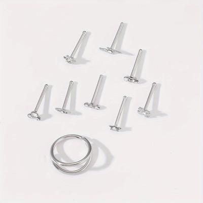 9 Pcs Set Of Piercing Nose Rings Stainless Steel Jewelry Tiny Synthetic Gems Inlaid Punk Sexy Style For Women Nose Nail