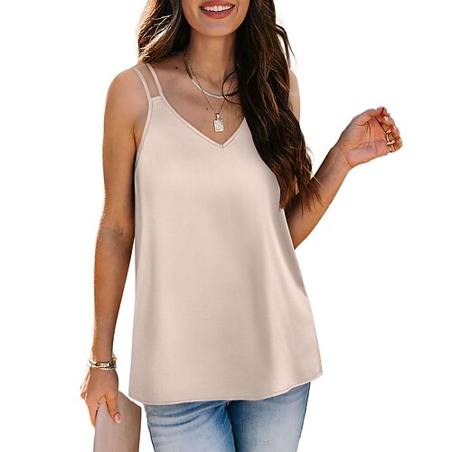 Damen Cami Tank Top Lässig Ärmellos Reguläre Tops V-Ausschnitt Urlaub Täglich Weiß Wein Grün Beige Sommer Image