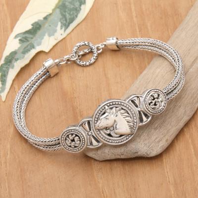 'Traditional Horse-Themed Sterling Silver Pendant Bracelet'