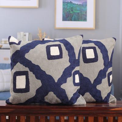 'Abstract-Themed Navy and Grey Cotton Cushion Cove...