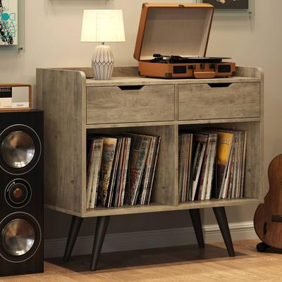 Farmhouse Record Player Stand with Power Outlet & Drawers - N/A