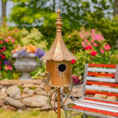 Outdoor Copper Finish Iron Gramophone Roof Birdhouse with Garden Stake - 8" L x 7.5" W x 64.75" H