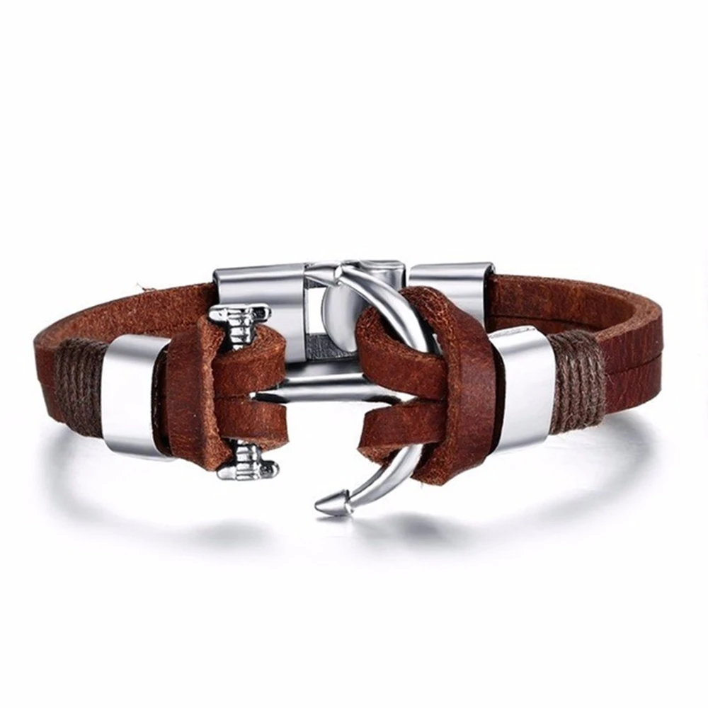 Vikings Pirate Stil Legierung Anker Armband Für Männer Charme Echtes Leder Armreifen Frauen Punk Schmuck Handgemachte Geschenke Dropshipping Image