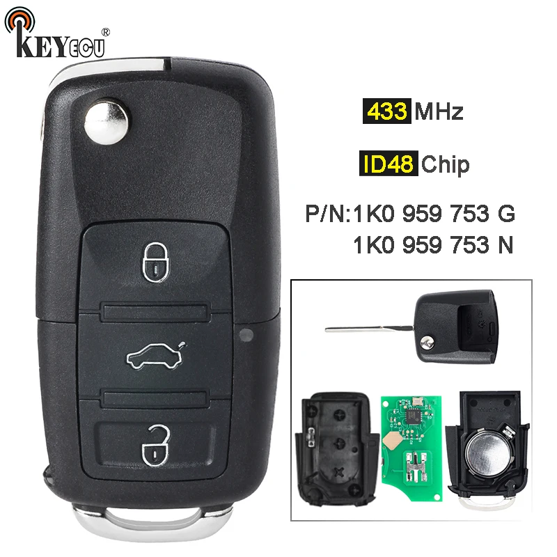 KEYECU 434 MHz ID48 Chip 1K0 959 753 G / 1K0 959 753 N 3 Tasten Flip Remote Key Fob für Volkswagen, für Skoda, für Seat Image