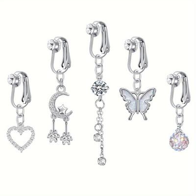 5pcs Butterfly Love Heart Moon Pendant Clip On Belly Button Ring Set Elegant Fake Piercing Navel Nail