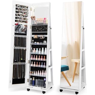 Costway - Schmuckschrank mit Rollen, Spiegelschrank abschließbar mit LED-Leuchten & verstellbaren Image