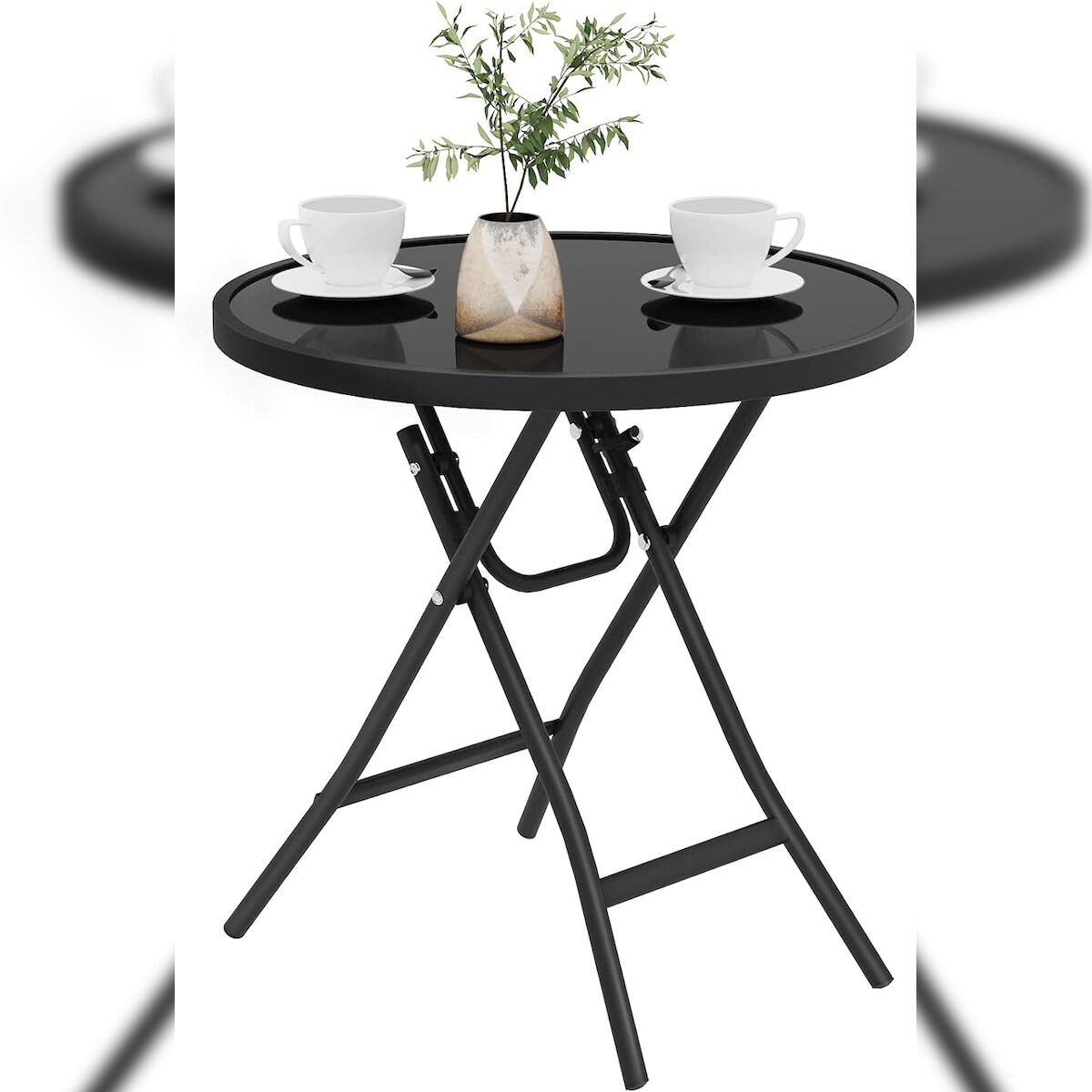 Klapptisch 46x47,5cm, runde Tischplatte aus gehärtetem Glas, Gartentisch, Beistelltisch, Bistrotisch Balkontisch aus verdicktem Stahlrahmen, Schwarz Image