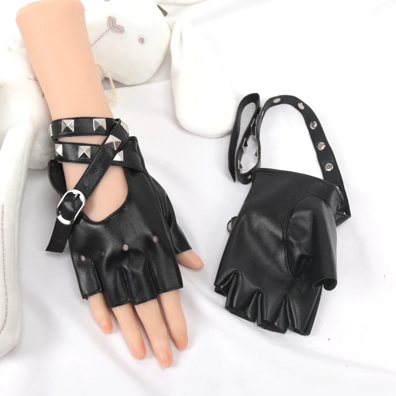 Frauen schwarz pu Leder finger lose Handschuhe sexy Bandage Niet Handschuhe Persönlichkeit Schnalle Träger Punk Gothic Lolita Cosplay Fäustlinge