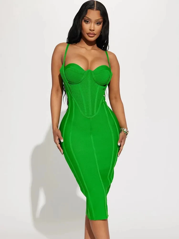 Promi-Frauen, Sommer, sexy, ärmellos, rückenfrei, grün, Midi, figurbetontes Verbandkleid, 2024, elegantes Abend-Club-Partykleid