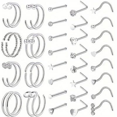 40 Pcs Nose Ring Nose Nail Surgical Stainless Steel Screw L Shape Needle Bone Nose Nose Piercing Jewelry For Women Men