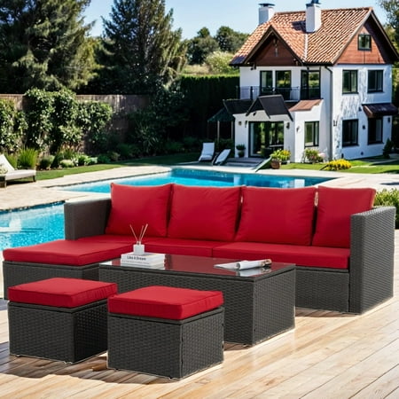 7 Pieces Wicker Outdoor Patio Conversation Set Patio Furniture Set All-Weather PE Rattan Sectional Sofa Set with Coffee Table Lounger Sofa and Washable Couch Cushions Cover Red