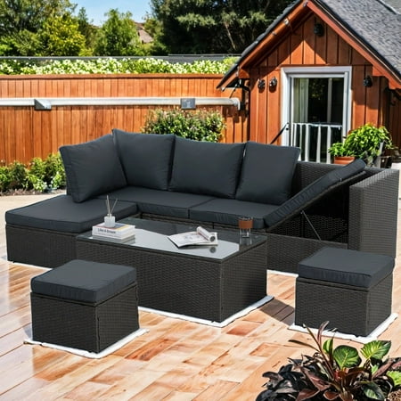 7 Pieces Wicker Outdoor Patio Conversation Set All-Weather PE Rattan Sectional Sofa Set with Coffee Table Lounger Sofa and Washable Couch Cushions Cover Gray