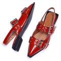 Women Ballet Flats Pumps,Red Pointed Toe Metal Buckle Gothic Mary Jane Shoes,Casual Slingback Ballerina Patent Leather Shoes,Red,7 UK