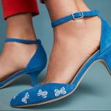 Anthropologie Shoes | Anthropologie Something Blue Suede Kitten Heels With Ankle Strap Size 9 | Color: Blue/White | Size: 9