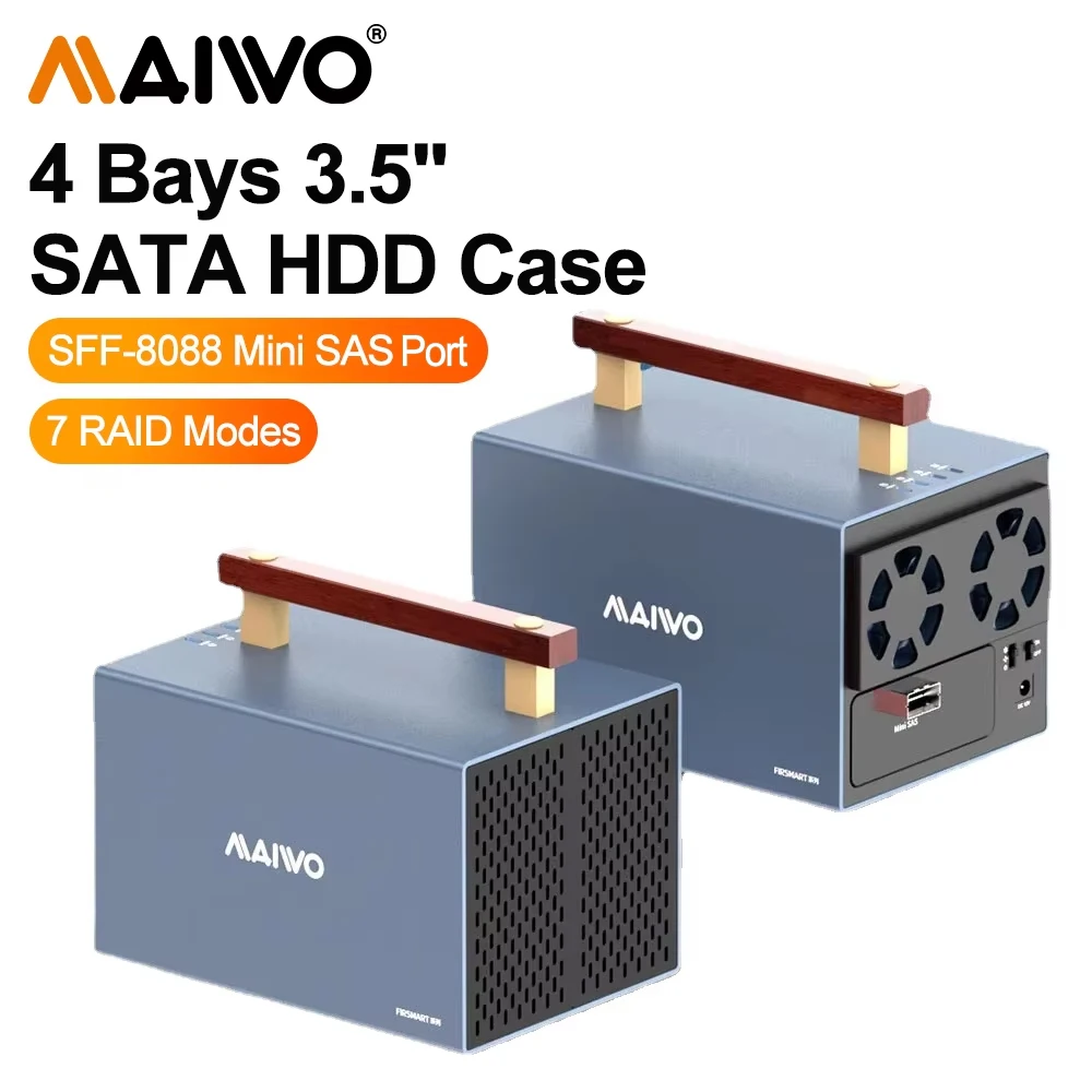 MAIWO 4-Bay-Aluminium-Mini-SAS-zu-SFF-8088-Port 3,5-Zoll-SATA-Festplattengehäuse mit externer HDD-Speicherschrank mit RAID-Festplatte Image