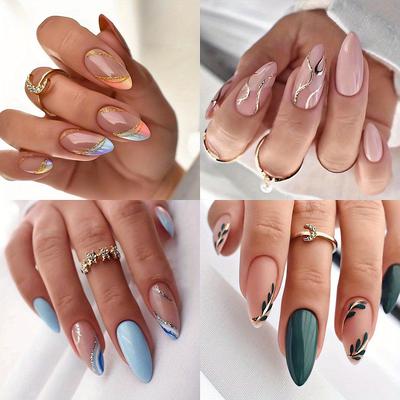 TEMU 4 Packs (96 Pcs) Glitter Swirl Press On Nails, Mixed French Fake Nails With Green Leaves Design, Medium Almond Glue On Nails Set With Adhesive Tabs Nail File For Women Image