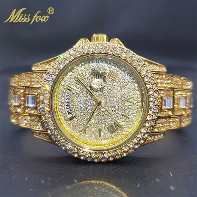 MISSFOX 18K Gold Men Luxury Designer Watch Diamond Date Day Just Ice Out Quartz Watches Dropshipping