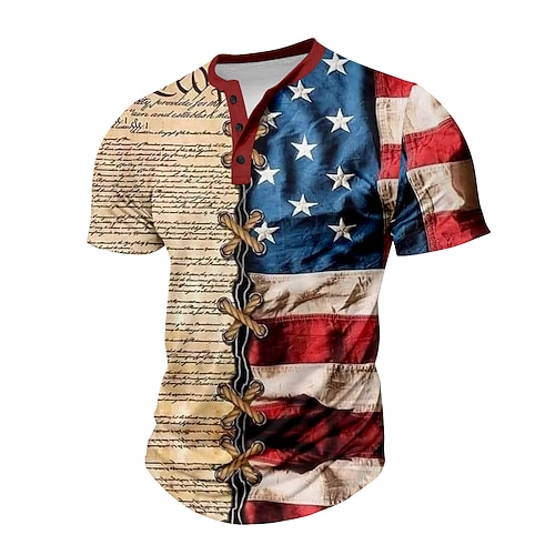 Herren Amerikanischer Unabhängigkeitstag Amerikanische US-Flagge T Shirt Kurzarm 3D-Druck Sport Mode Straße Sport im Freien Festival Sommer Frühling Khaki Henley Henley T-Shirt Image