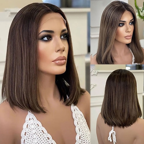 Remy Menschenhaar 13x4 Spitzenfront Perücke Kurzer Bob Brasilianisches Haar Glatt Rotbraun Perücke 130% 150% Haardichte mit Babyhaar 100% Jungfrau Leimlos Vorgerupft Für Damen Lang Echthaar Perücken Image