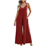 Flowy Jumpsuits for Women Summer 2024 Ladies Casual Spaghetti Strap V Neck Sleeveless Wide Leg Romper Playsuit (X-Large Red)
