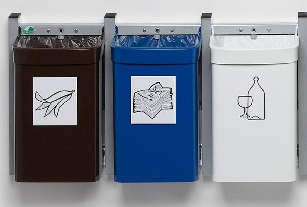 PROREGAL Robuster Abfallsammler 3-Fach mit Wandhalterung | 15 Liter, HxBxT 42,5x88x23cm | Verzinkter Stahl | Braun, Weiß, Blau | Mülleimer Abfalleimer Image